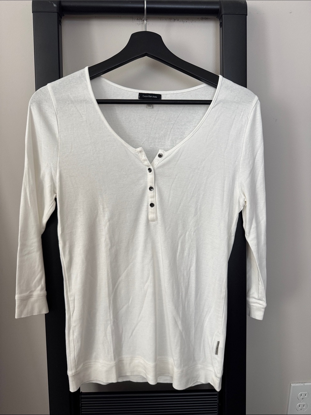 Calvin Klein Cream Henley Long Sleeve Scoop Neck Top